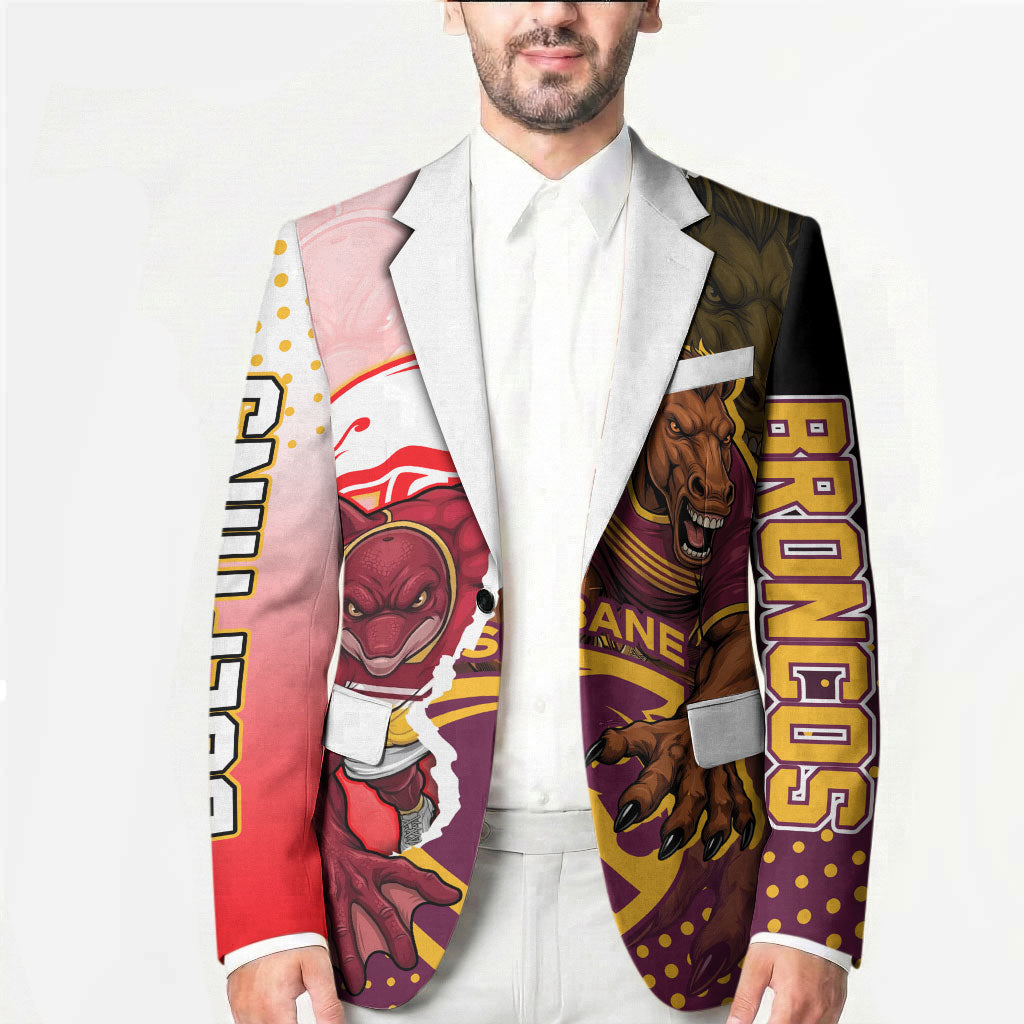 Personalized Brisbane Broncos vs Dolphins Blazer Rivalry Dynamic Sports Rugby Mascot Graphic Art