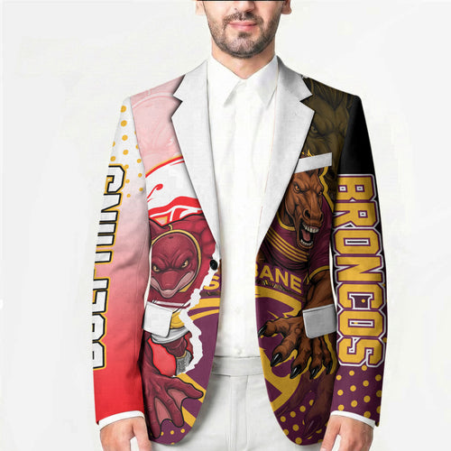 Personalized Brisbane Broncos vs Dolphins Blazer Rivalry Dynamic Sports Rugby Mascot Graphic Art