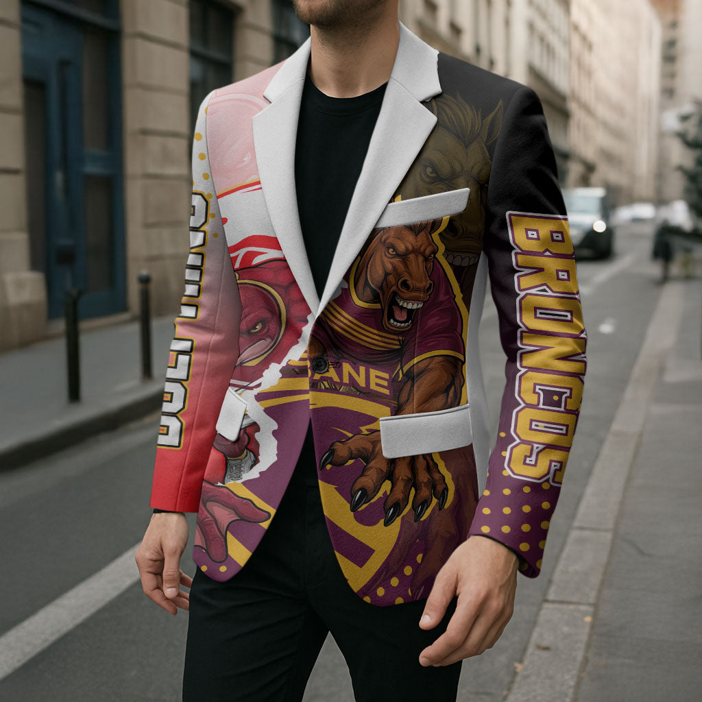 Personalized Brisbane Broncos vs Dolphins Blazer Rivalry Dynamic Sports Rugby Mascot Graphic Art