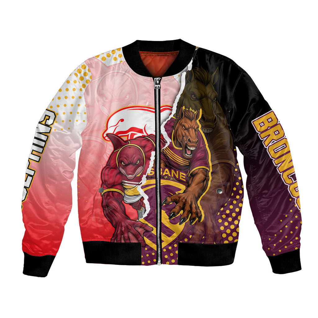 Personalized Brisbane Broncos vs Dolphins Bomber Jacket Rivalry Dynamic Sports Rugby Mascot Graphic Art