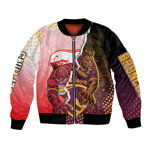 Personalized Brisbane Broncos vs Dolphins Bomber Jacket Rivalry Dynamic Sports Rugby Mascot Graphic Art