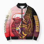 Personalized Brisbane Broncos vs Dolphins Bomber Puffer Jacket Rivalry Dynamic Sports Rugby Mascot Graphic Art