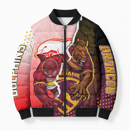 Personalized Brisbane Broncos vs Dolphins Bomber Puffer Jacket Rivalry Dynamic Sports Rugby Mascot Graphic Art