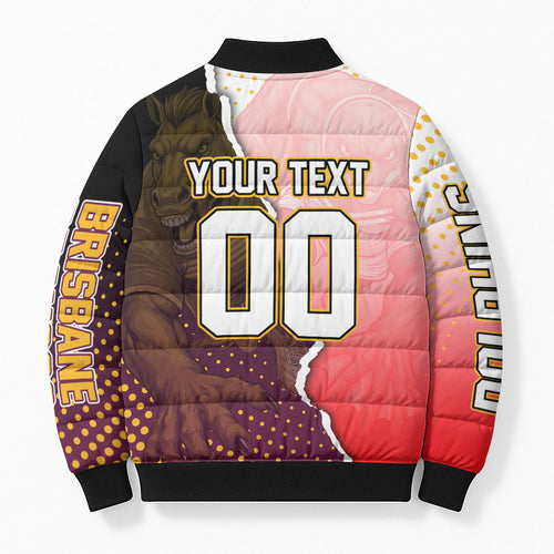Personalized Brisbane Broncos vs Dolphins Bomber Puffer Jacket Rivalry Dynamic Sports Rugby Mascot Graphic Art
