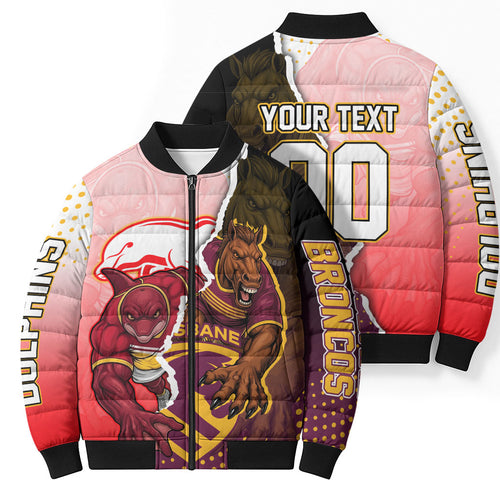Personalized Brisbane Broncos vs Dolphins Bomber Puffer Jacket Rivalry Dynamic Sports Rugby Mascot Graphic Art