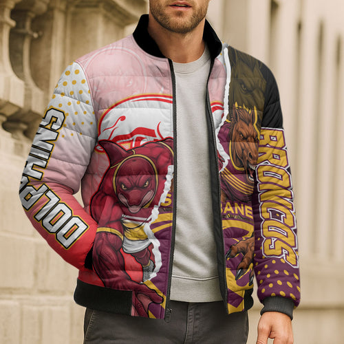 Personalized Brisbane Broncos vs Dolphins Bomber Puffer Jacket Rivalry Dynamic Sports Rugby Mascot Graphic Art