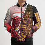 Personalized Brisbane Broncos vs Dolphins Bomber Puffer Jacket Rivalry Dynamic Sports Rugby Mascot Graphic Art