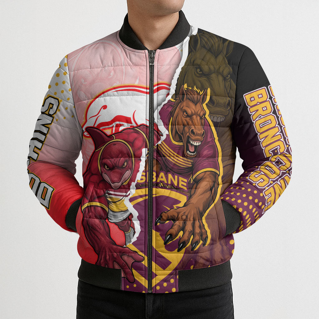 Personalized Brisbane Broncos vs Dolphins Bomber Puffer Jacket Rivalry Dynamic Sports Rugby Mascot Graphic Art