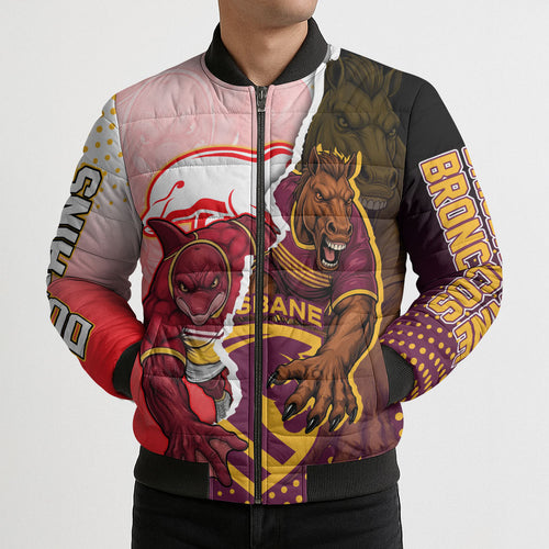 Personalized Brisbane Broncos vs Dolphins Bomber Puffer Jacket Rivalry Dynamic Sports Rugby Mascot Graphic Art