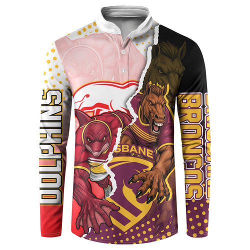 Personalized Brisbane Broncos vs Dolphins Button Sweatshirt Rivalry Dynamic Sports Rugby Mascot Graphic Art
