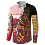 Personalized Brisbane Broncos vs Dolphins Button Sweatshirt Rivalry Dynamic Sports Rugby Mascot Graphic Art