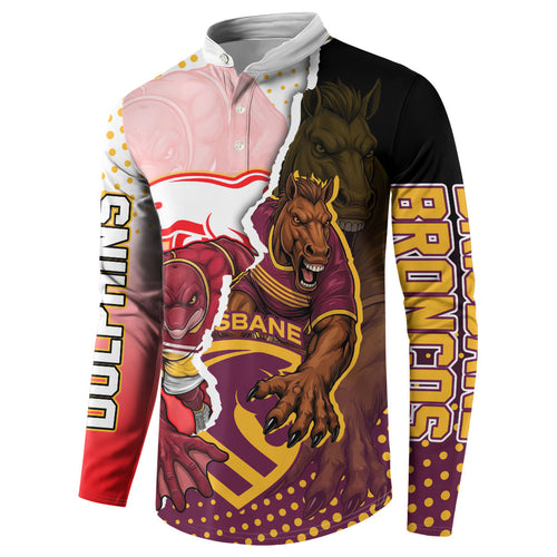 Personalized Brisbane Broncos vs Dolphins Button Sweatshirt Rivalry Dynamic Sports Rugby Mascot Graphic Art