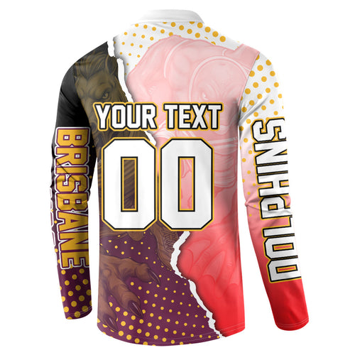 Personalized Brisbane Broncos vs Dolphins Button Sweatshirt Rivalry Dynamic Sports Rugby Mascot Graphic Art