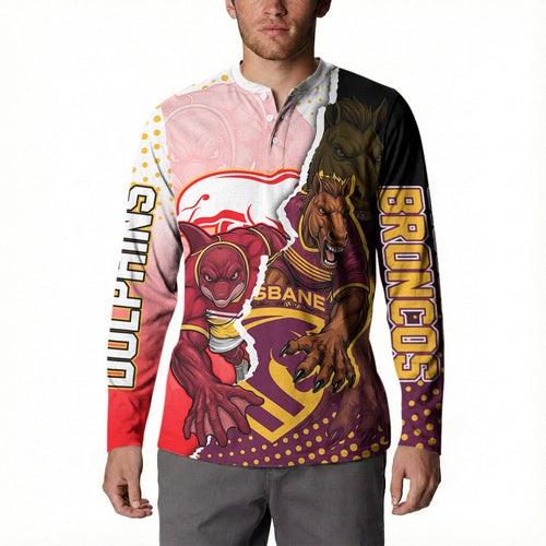 Personalized Brisbane Broncos vs Dolphins Button Sweatshirt Rivalry Dynamic Sports Rugby Mascot Graphic Art