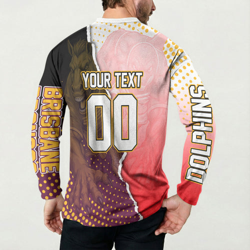 Personalized Brisbane Broncos vs Dolphins Button Sweatshirt Rivalry Dynamic Sports Rugby Mascot Graphic Art