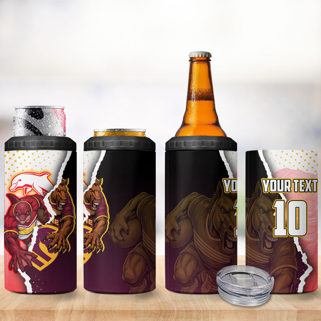 Personalized Brisbane Broncos vs Dolphins 4 in 1 Can Cooler Tumbler Rivalry Dynamic Sports Rugby Mascot Graphic Art