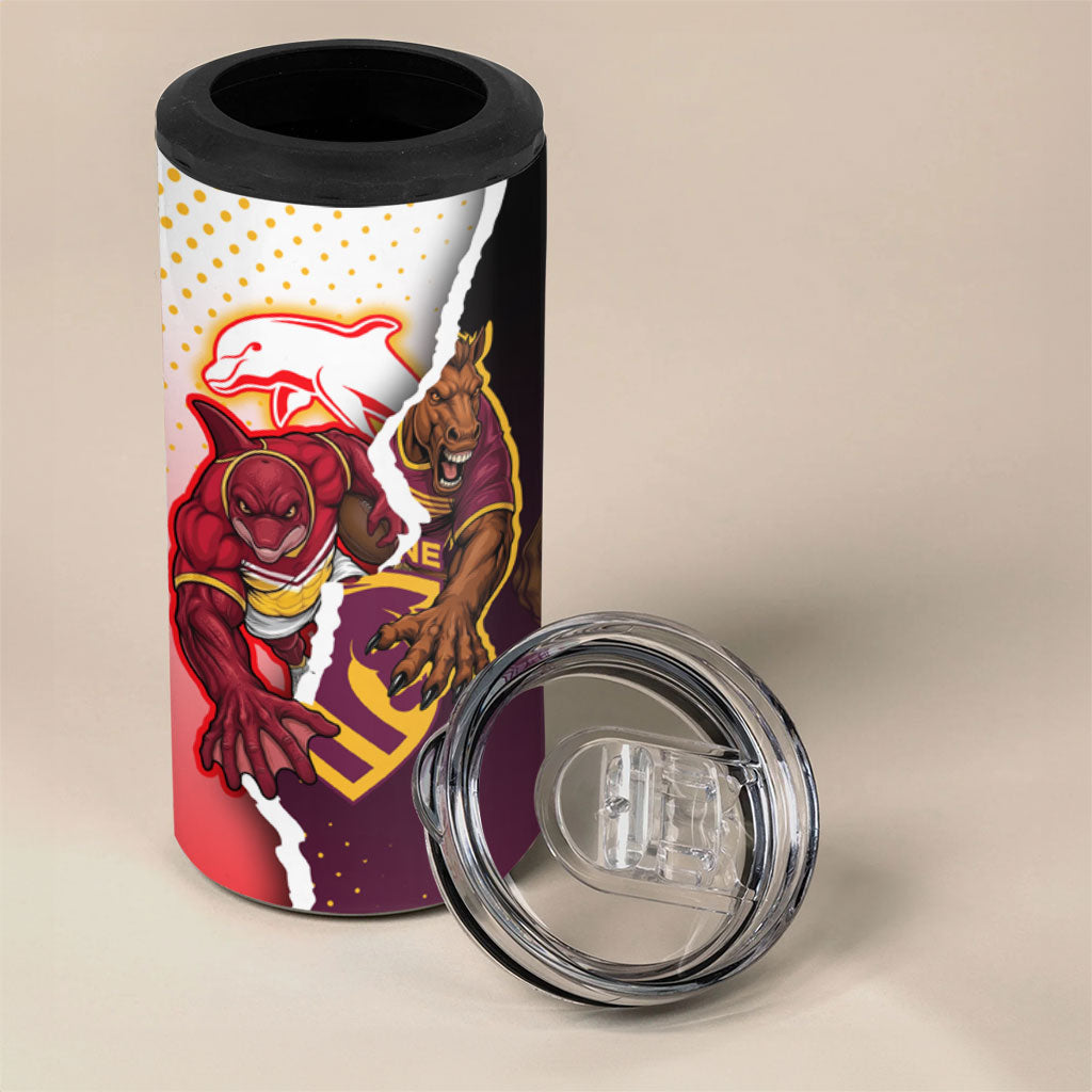 Personalized Brisbane Broncos vs Dolphins 4 in 1 Can Cooler Tumbler Rivalry Dynamic Sports Rugby Mascot Graphic Art