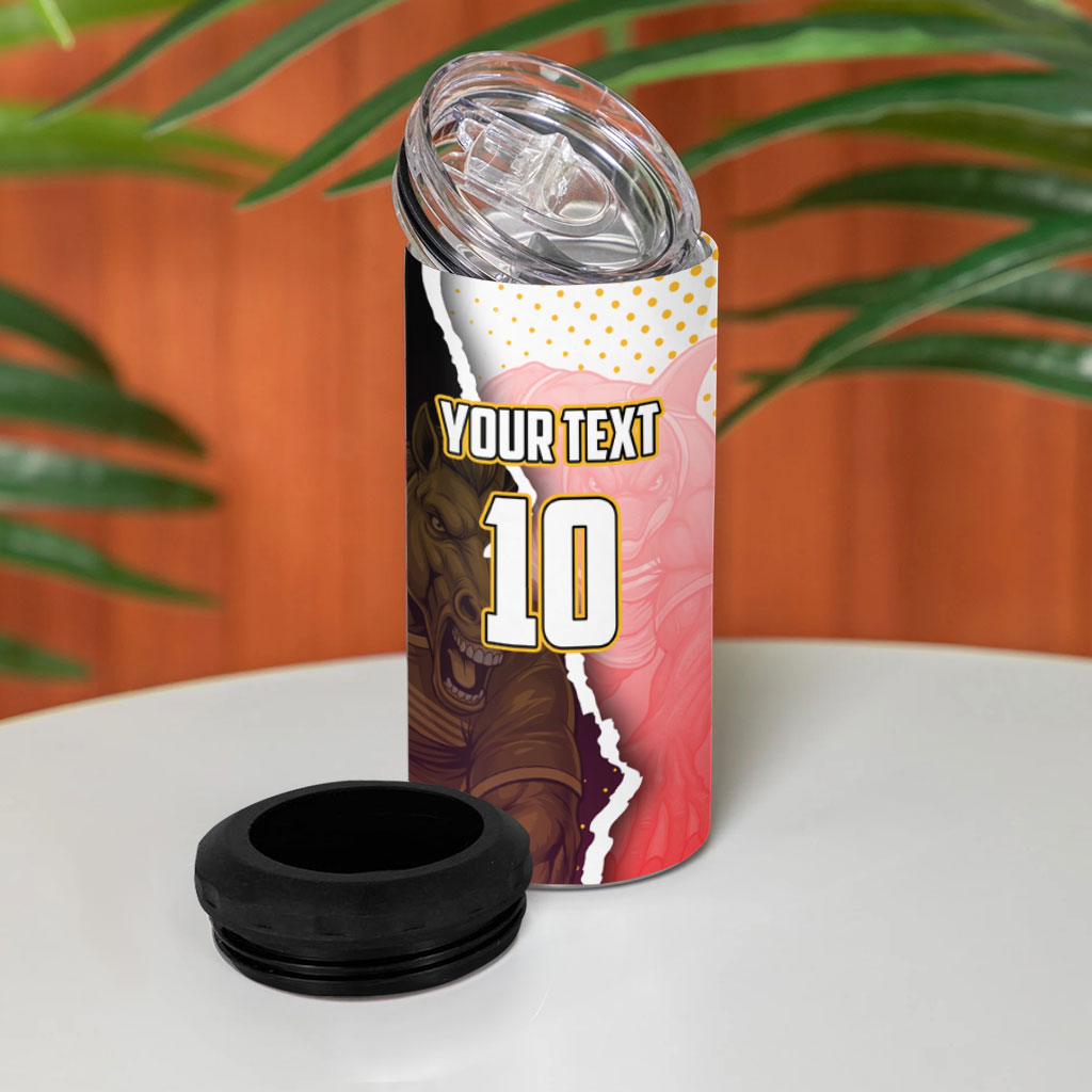 Personalized Brisbane Broncos vs Dolphins 4 in 1 Can Cooler Tumbler Rivalry Dynamic Sports Rugby Mascot Graphic Art