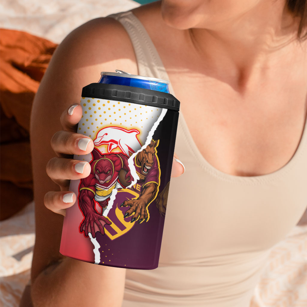 Personalized Brisbane Broncos vs Dolphins 4 in 1 Can Cooler Tumbler Rivalry Dynamic Sports Rugby Mascot Graphic Art