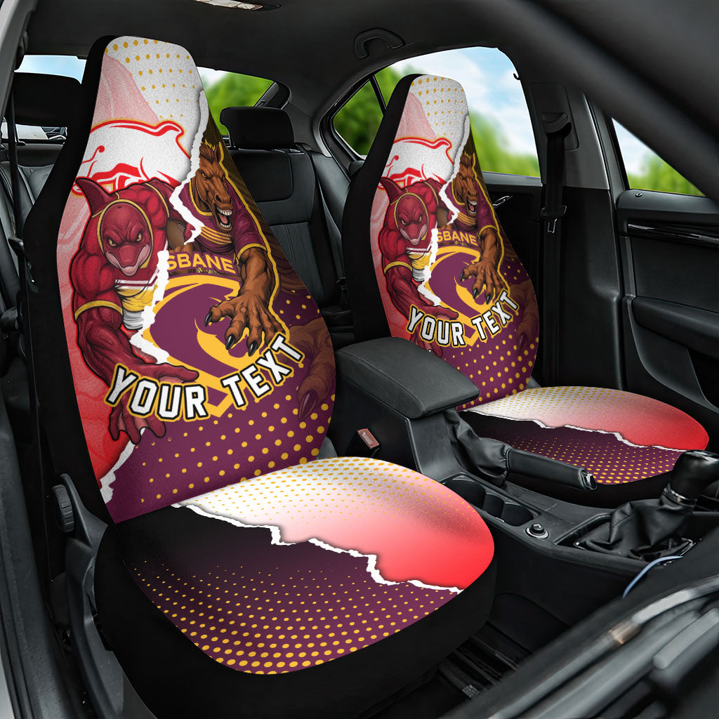 Personalized Brisbane Broncos vs Dolphins Car Seat Cover Rivalry Dynamic Sports Rugby Mascot Graphic Art