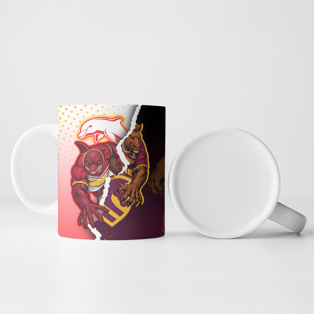 Personalized Brisbane Broncos vs Dolphins Ceramic Mug Rivalry Dynamic Sports Rugby Mascot Graphic Art