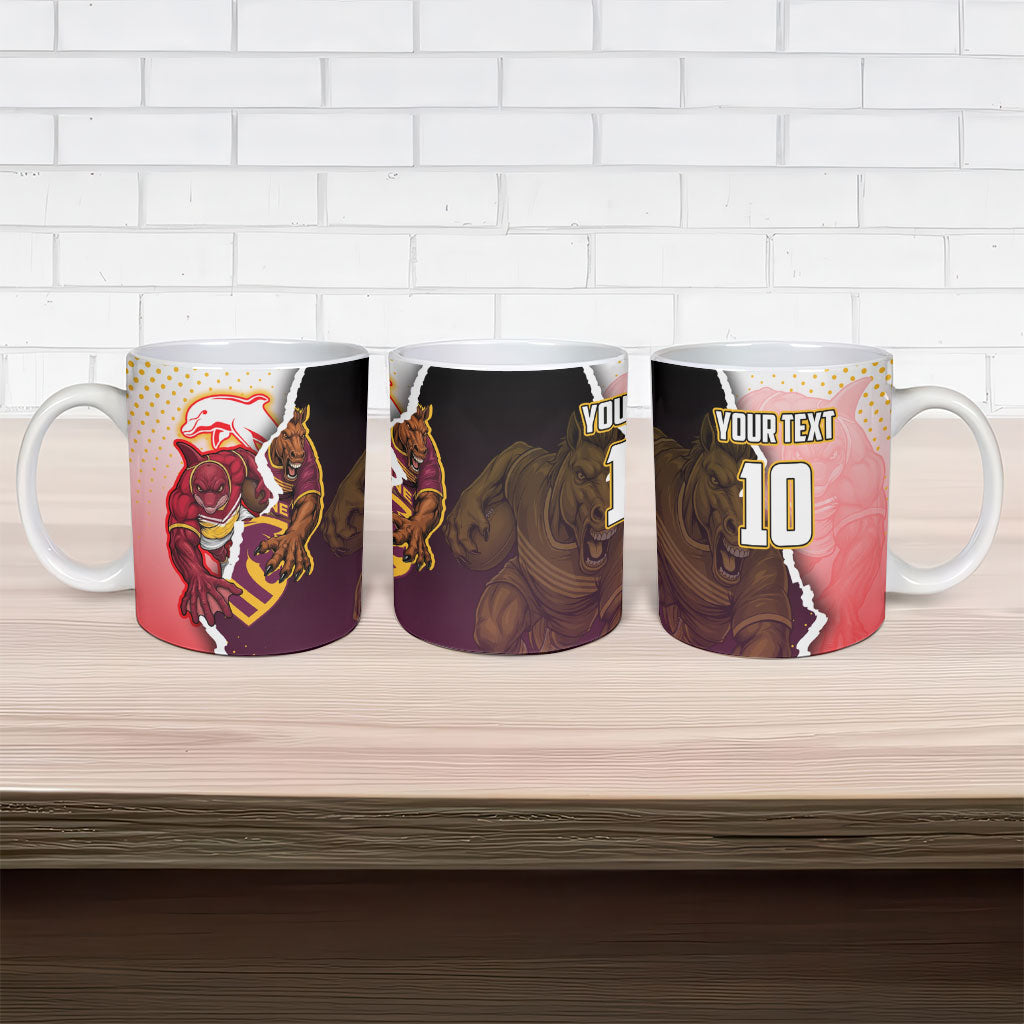 Personalized Brisbane Broncos vs Dolphins Ceramic Mug Rivalry Dynamic Sports Rugby Mascot Graphic Art