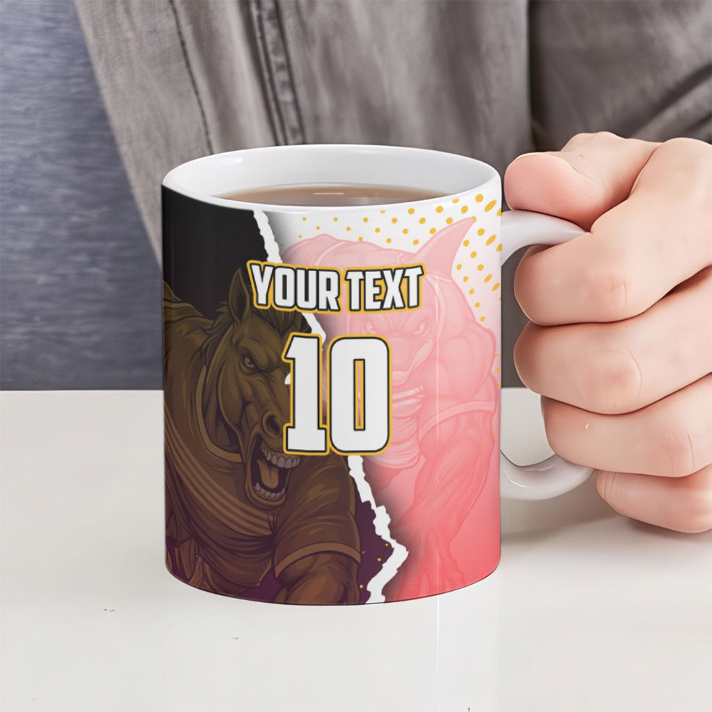 Personalized Brisbane Broncos vs Dolphins Ceramic Mug Rivalry Dynamic Sports Rugby Mascot Graphic Art