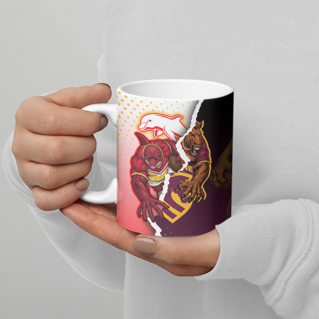 Personalized Brisbane Broncos vs Dolphins Ceramic Mug Rivalry Dynamic Sports Rugby Mascot Graphic Art