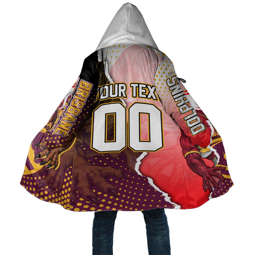 Personalized Brisbane Broncos vs Dolphins Cloak Rivalry Dynamic Sports Rugby Mascot Graphic Art