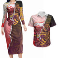 Personalized Brisbane Broncos vs Dolphins Couples Matching Long Sleeve Bodycon Dress and Hawaiian Shirt Rivalry Dynamic Sports Rugby Mascot Graphic Art