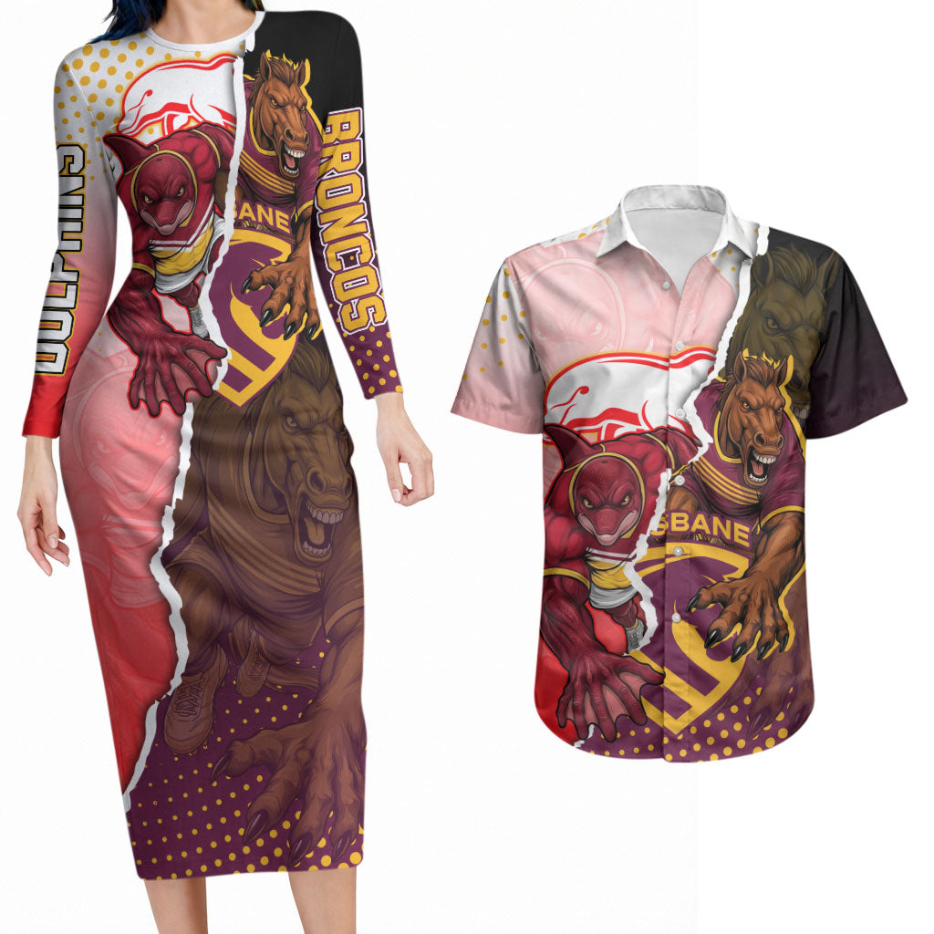 Personalized Brisbane Broncos vs Dolphins Couples Matching Long Sleeve Bodycon Dress and Hawaiian Shirt Rivalry Dynamic Sports Rugby Mascot Graphic Art