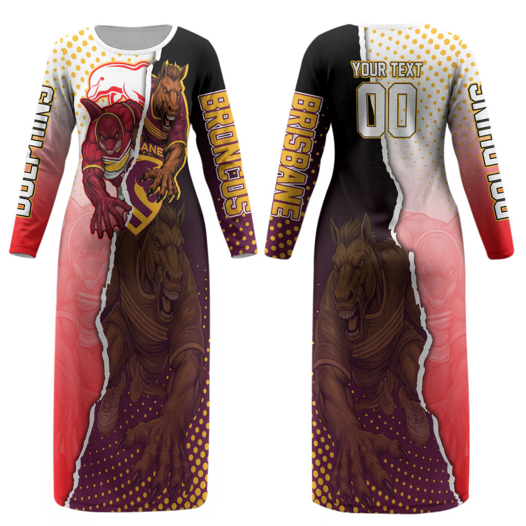 Personalized Brisbane Broncos vs Dolphins Couples Matching Long Sleeve Bodycon Dress and Hawaiian Shirt Rivalry Dynamic Sports Rugby Mascot Graphic Art
