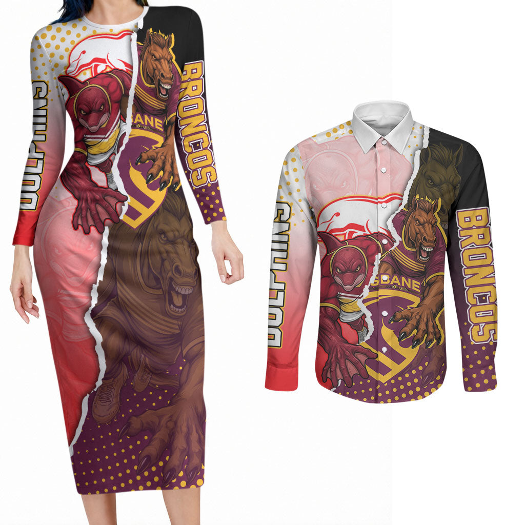 Personalized Brisbane Broncos vs Dolphins Couples Matching Long Sleeve Bodycon Dress and Long Sleeve Button Shirt Rivalry Dynamic Sports Rugby Mascot Graphic Art