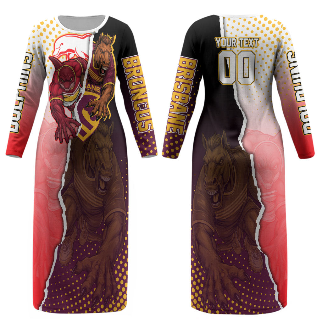 Personalized Brisbane Broncos vs Dolphins Couples Matching Long Sleeve Bodycon Dress and Long Sleeve Button Shirt Rivalry Dynamic Sports Rugby Mascot Graphic Art