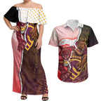Personalized Brisbane Broncos vs Dolphins Couples Matching Off Shoulder Maxi Dress and Hawaiian Shirt Rivalry Dynamic Sports Rugby Mascot Graphic Art