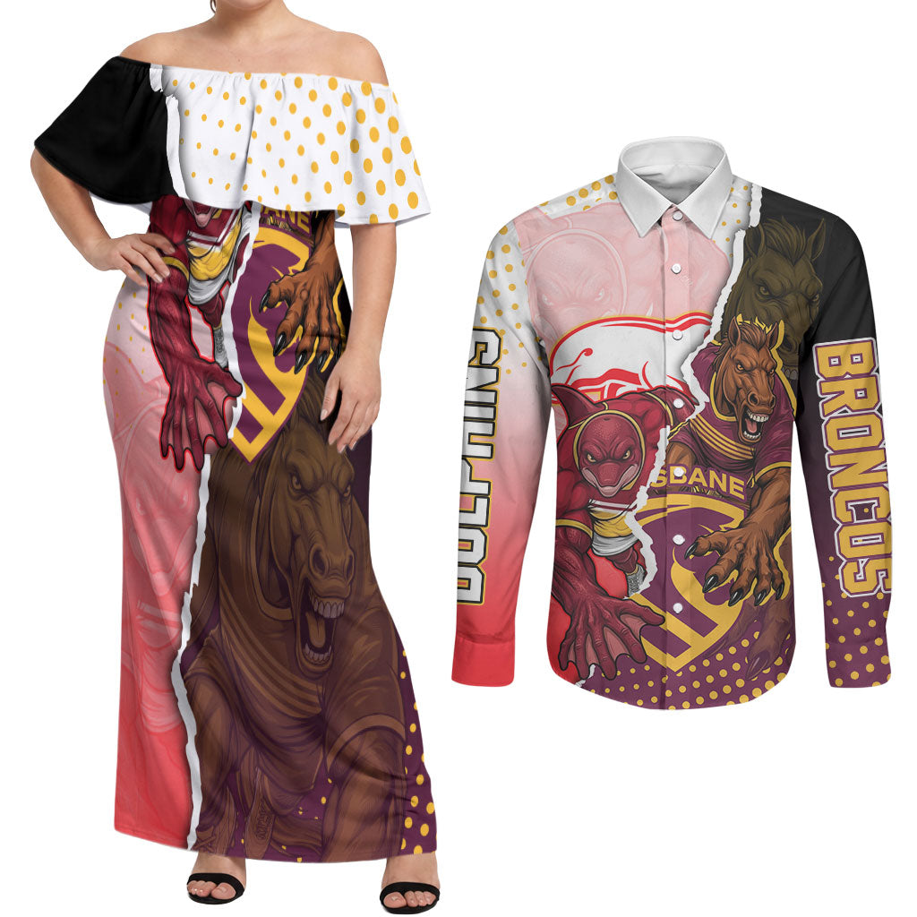 Personalized Brisbane Broncos vs Dolphins Couples Matching Off Shoulder Maxi Dress and Long Sleeve Button Shirt Rivalry Dynamic Sports Rugby Mascot Graphic Art
