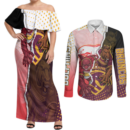 Personalized Brisbane Broncos vs Dolphins Couples Matching Off Shoulder Maxi Dress and Long Sleeve Button Shirt Rivalry Dynamic Sports Rugby Mascot Graphic Art