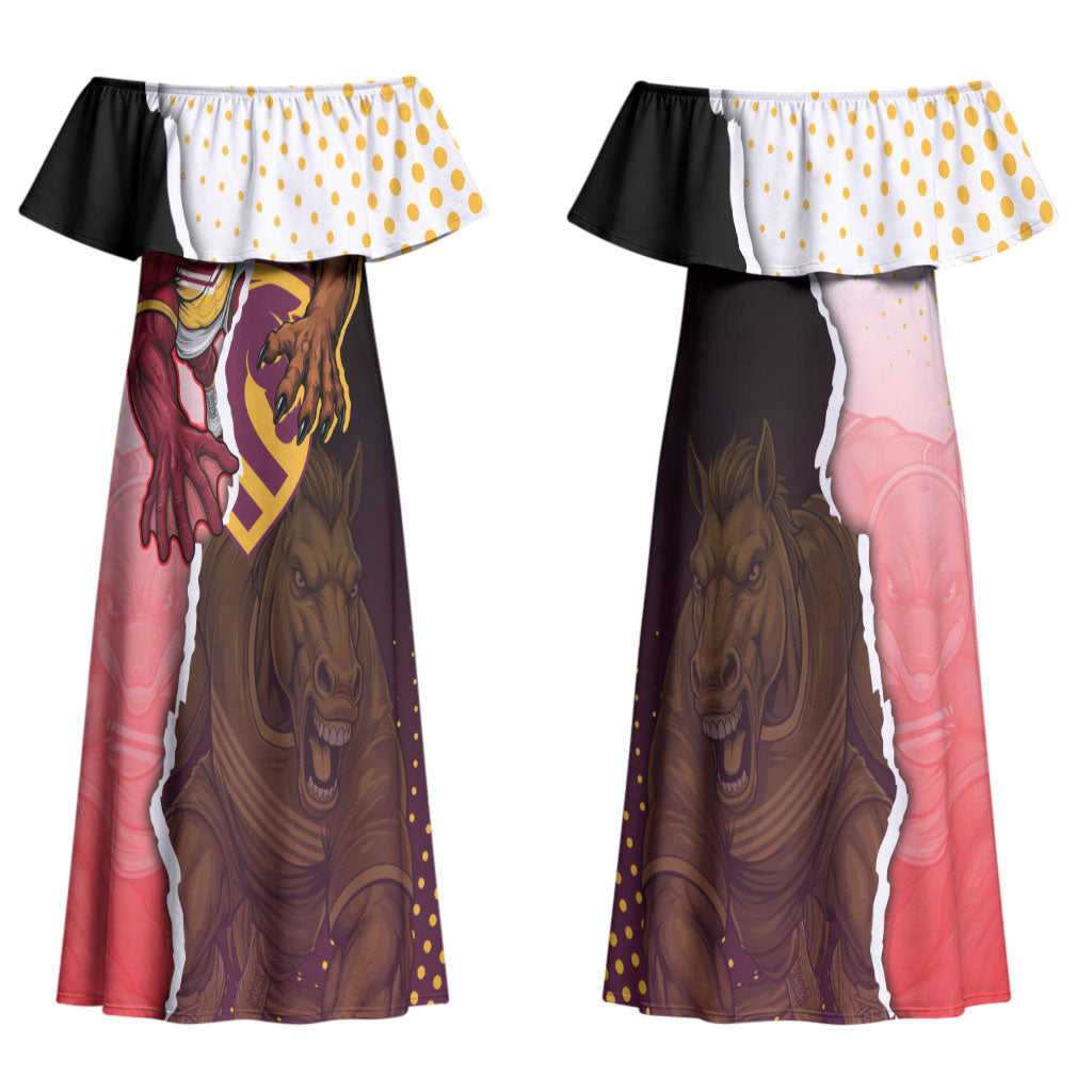 Personalized Brisbane Broncos vs Dolphins Couples Matching Off Shoulder Maxi Dress and Long Sleeve Button Shirt Rivalry Dynamic Sports Rugby Mascot Graphic Art