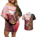 Personalized Brisbane Broncos vs Dolphins Couples Matching Off Shoulder Short Dress and Hawaiian Shirt Rivalry Dynamic Sports Rugby Mascot Graphic Art