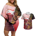 Personalized Brisbane Broncos vs Dolphins Couples Matching Off Shoulder Short Dress and Hawaiian Shirt Rivalry Dynamic Sports Rugby Mascot Graphic Art