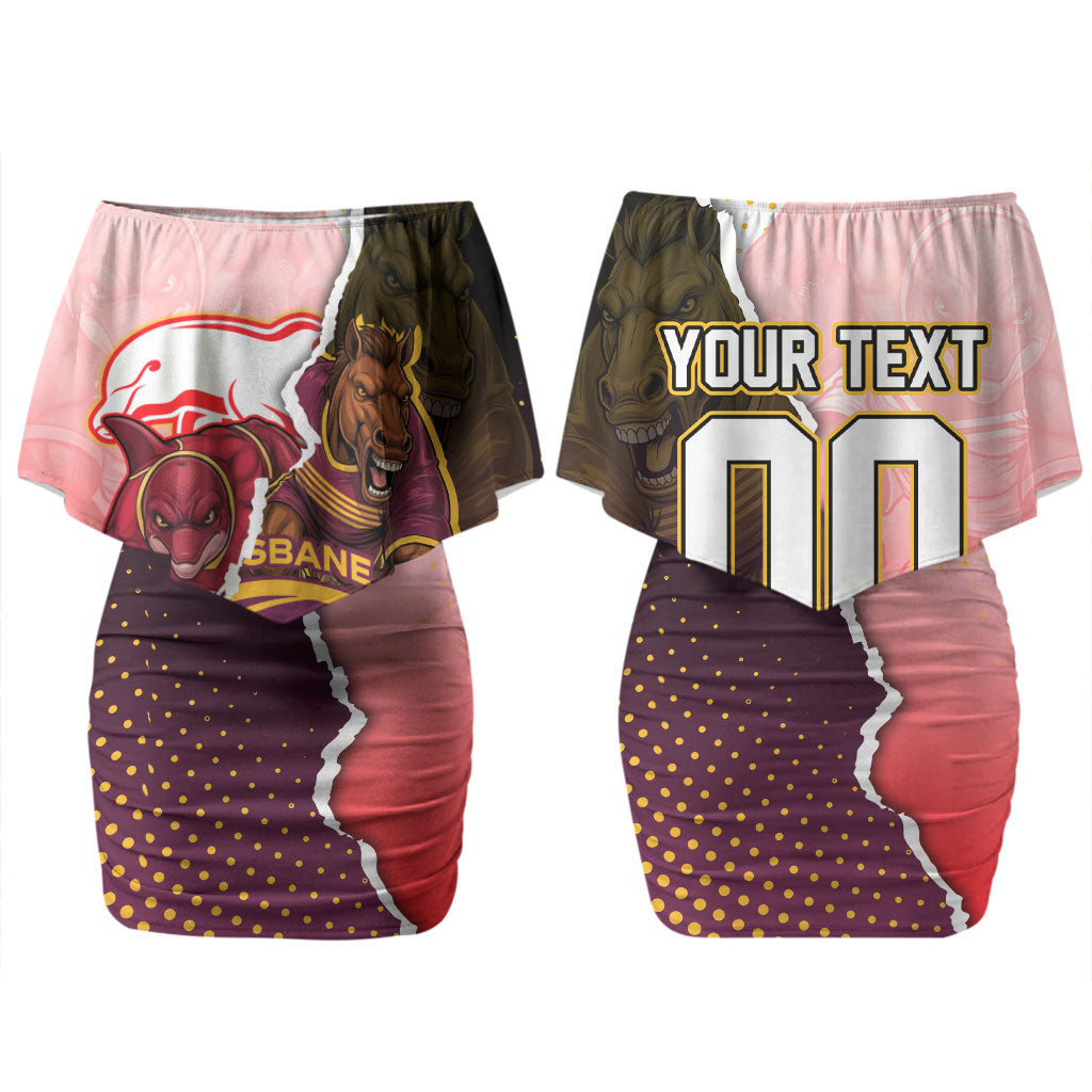 Personalized Brisbane Broncos vs Dolphins Couples Matching Off Shoulder Short Dress and Hawaiian Shirt Rivalry Dynamic Sports Rugby Mascot Graphic Art