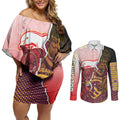 Personalized Brisbane Broncos vs Dolphins Couples Matching Off Shoulder Short Dress and Long Sleeve Button Shirt Rivalry Dynamic Sports Rugby Mascot Graphic Art