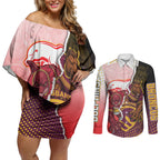Personalized Brisbane Broncos vs Dolphins Couples Matching Off Shoulder Short Dress and Long Sleeve Button Shirt Rivalry Dynamic Sports Rugby Mascot Graphic Art
