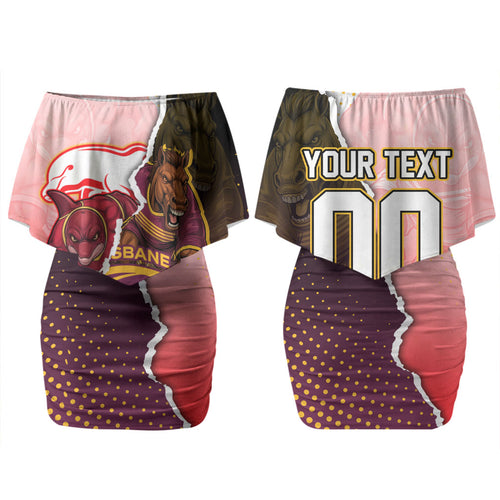 Personalized Brisbane Broncos vs Dolphins Couples Matching Off Shoulder Short Dress and Long Sleeve Button Shirt Rivalry Dynamic Sports Rugby Mascot Graphic Art