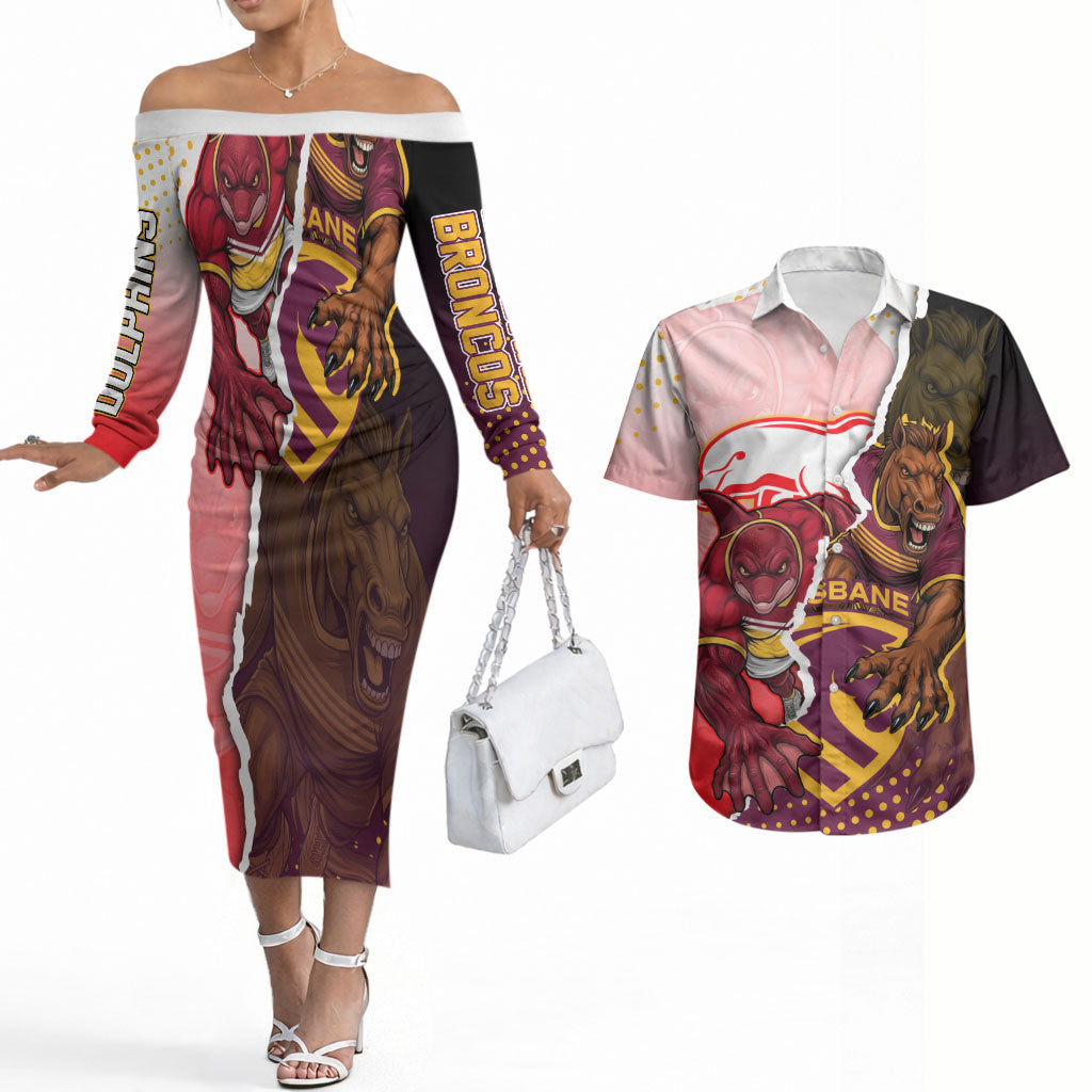 Personalized Brisbane Broncos vs Dolphins Couples Matching Off The Shoulder Long Sleeve Dress and Hawaiian Shirt Rivalry Dynamic Sports Rugby Mascot Graphic Art