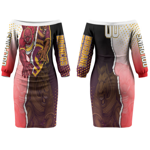 Personalized Brisbane Broncos vs Dolphins Couples Matching Off The Shoulder Long Sleeve Dress and Hawaiian Shirt Rivalry Dynamic Sports Rugby Mascot Graphic Art