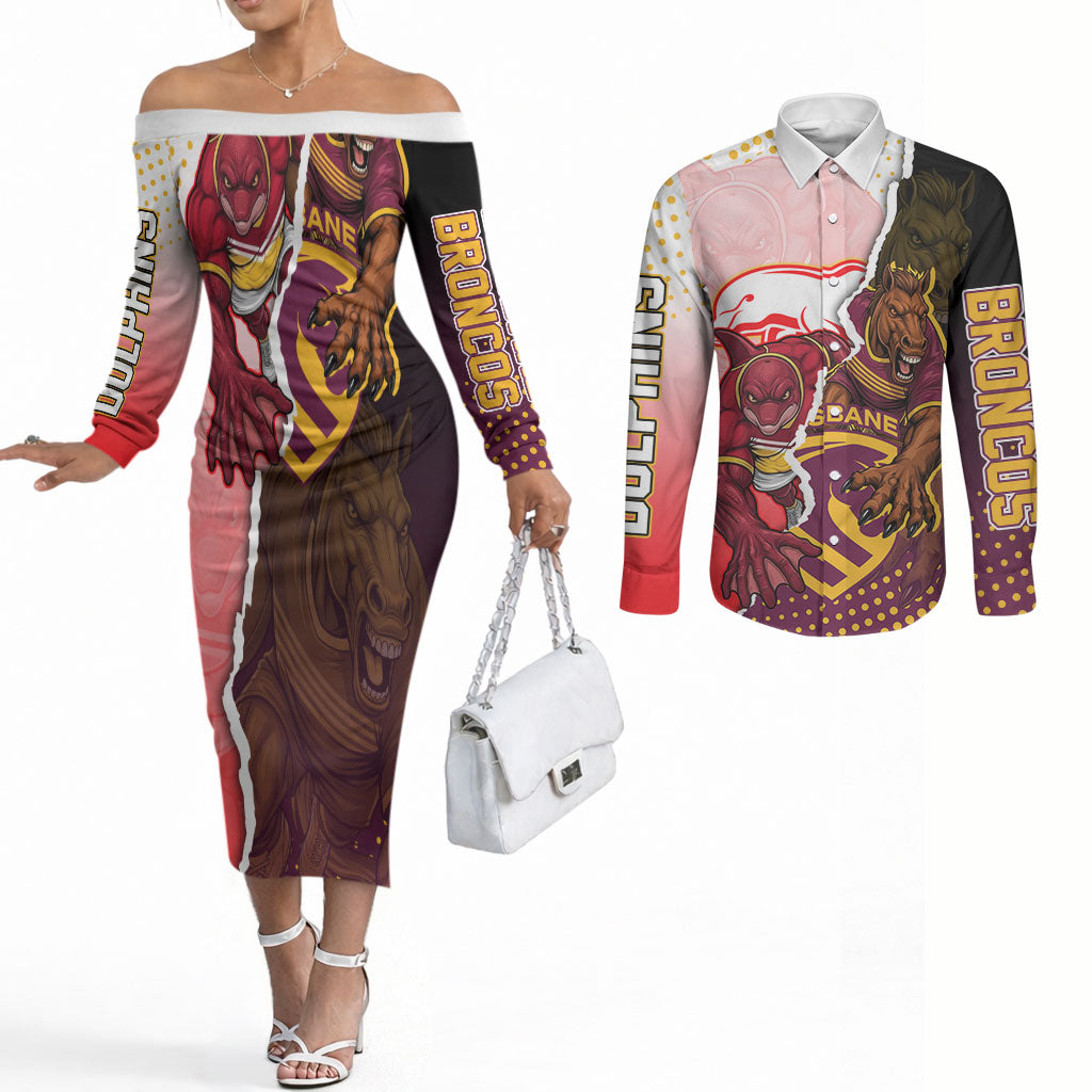 Personalized Brisbane Broncos vs Dolphins Couples Matching Off The Shoulder Long Sleeve Dress and Long Sleeve Button Shirt Rivalry Dynamic Sports Rugby Mascot Graphic Art