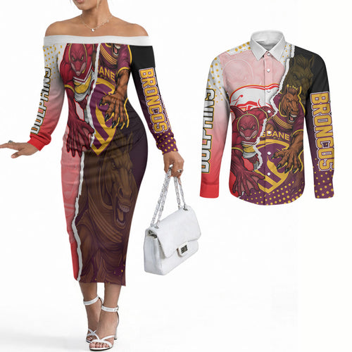 Personalized Brisbane Broncos vs Dolphins Couples Matching Off The Shoulder Long Sleeve Dress and Long Sleeve Button Shirt Rivalry Dynamic Sports Rugby Mascot Graphic Art