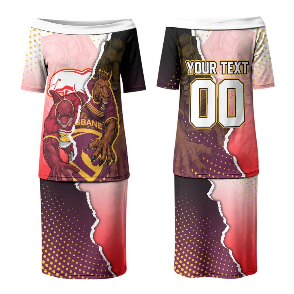 Personalized Brisbane Broncos vs Dolphins Couples Matching Puletasi and Long Sleeve Button Shirt Rivalry Dynamic Sports Rugby Mascot Graphic Art
