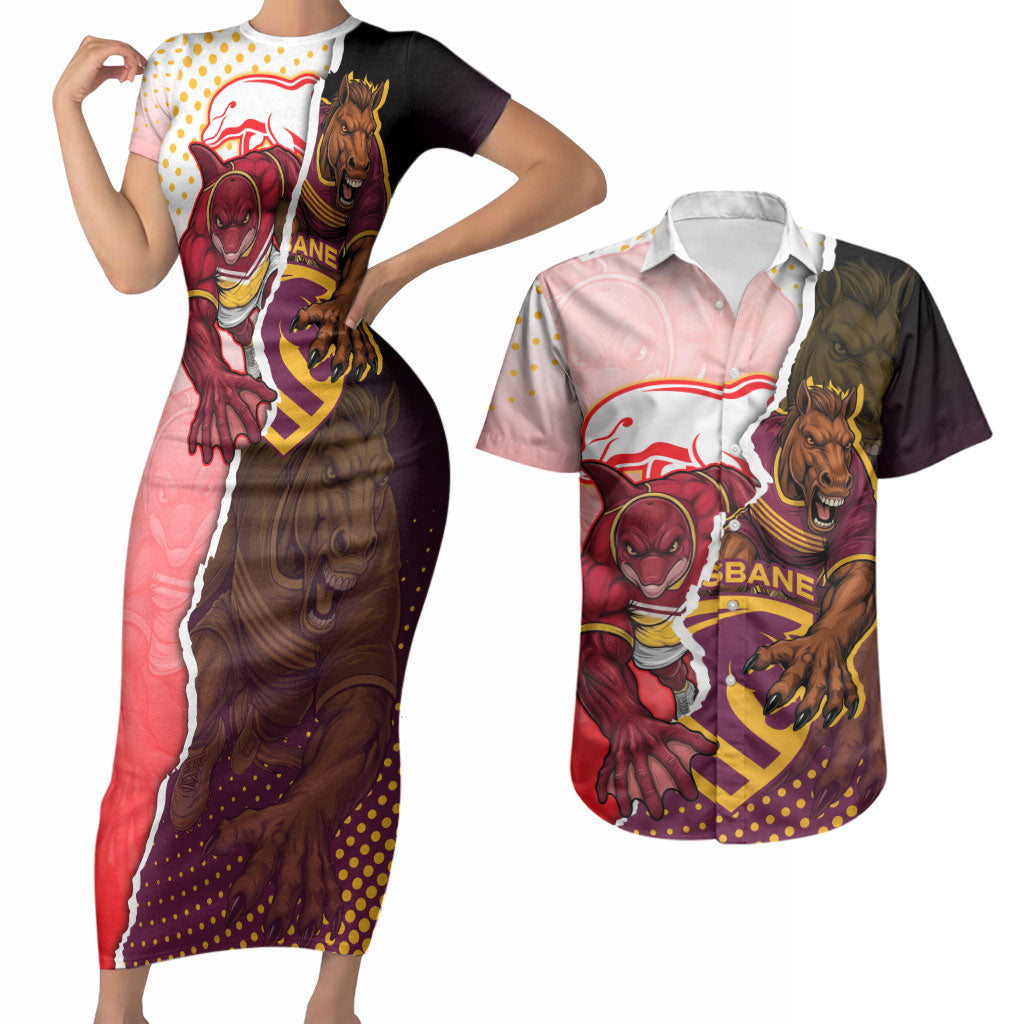 Personalized Brisbane Broncos vs Dolphins Couples Matching Short Sleeve Bodycon Dress and Hawaiian Shirt Rivalry Dynamic Sports Rugby Mascot Graphic Art
